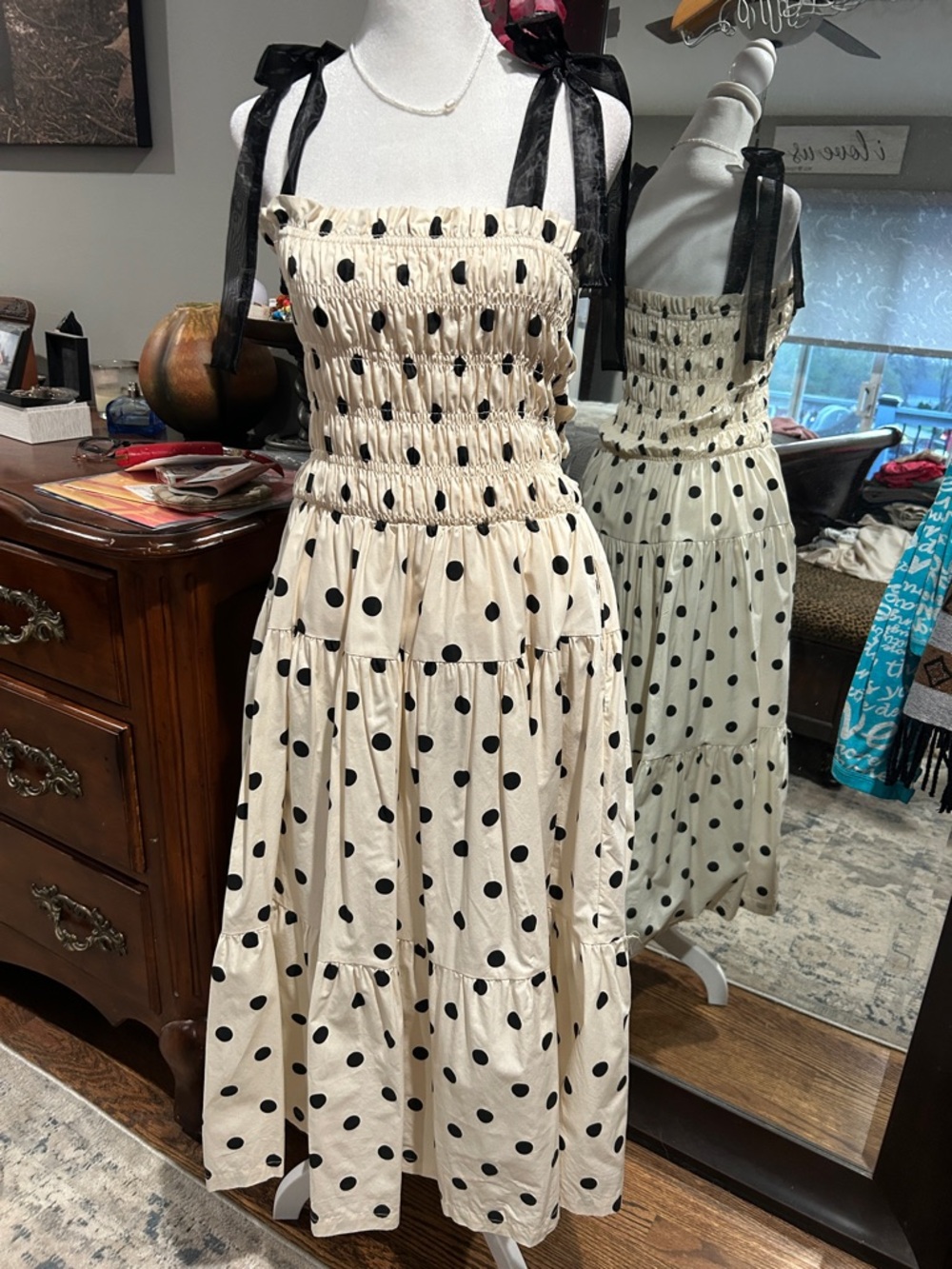En Saison Cream Polka Dot Tiered Midi Dress with Black Ribbon Straps